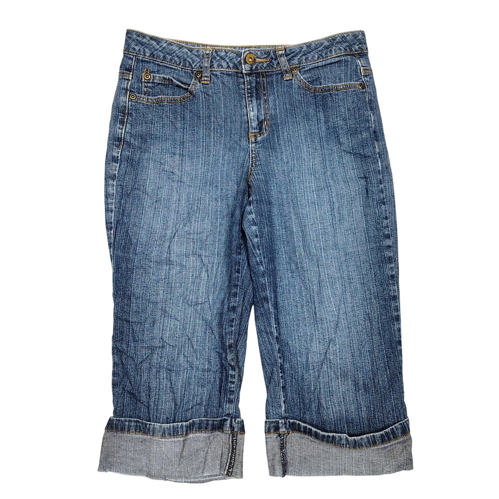 St. John's Bay Capri Jeans Women 4P Blue VTG Cuffed Stretch Denim Solid Cotton